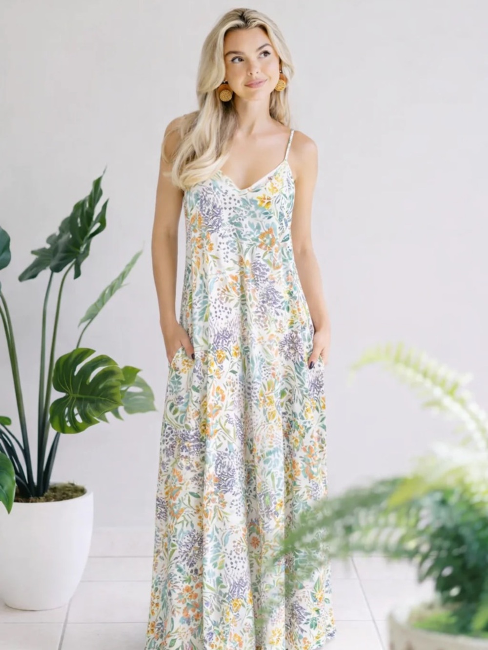 Hemish Floral V-Neck Maxi Dress in White with Multi-Color Print